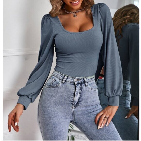 Blue Scoop Neck Rib Knit Lantern Sleeve Tee - Picture 3 of 5